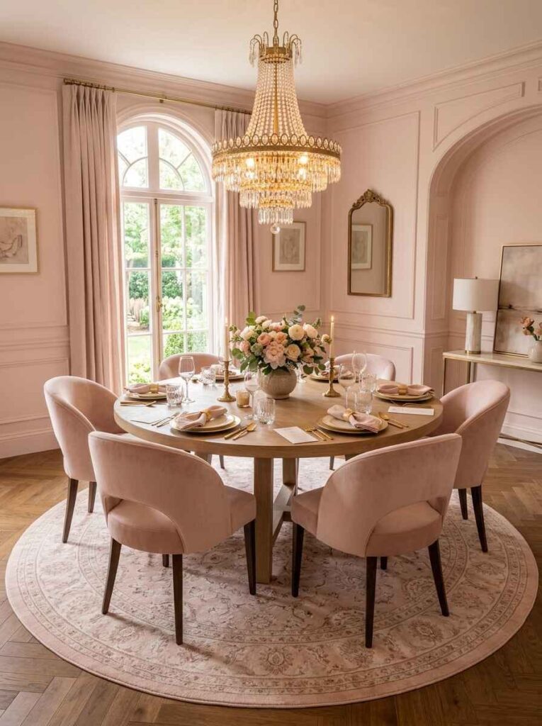 Large round traditional pink area rug perfectly sized under a circular wooden dining table and six matching chairs.