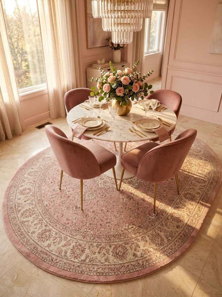 Large round vintage pink pattern rug defining a round marble dining table and velvet armchairs.