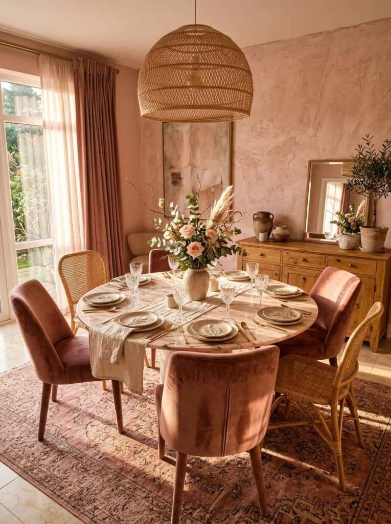 Round wooden dining table with mixed velvet and woven chairs beneath a rattan pendant light on an oriental rug.