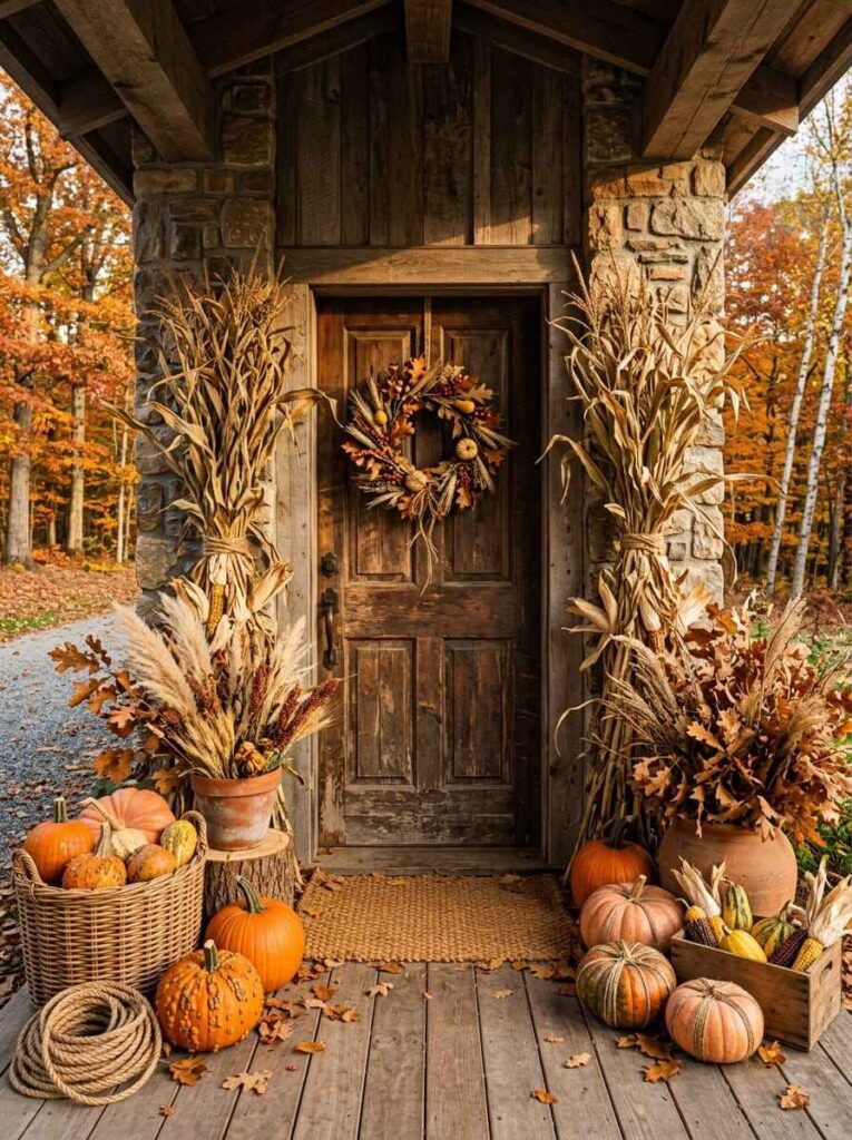 Rustic fall front porch with a weathered wood door, corn stalks, dried foliage wreath, and woven basket filled with pumpkins.