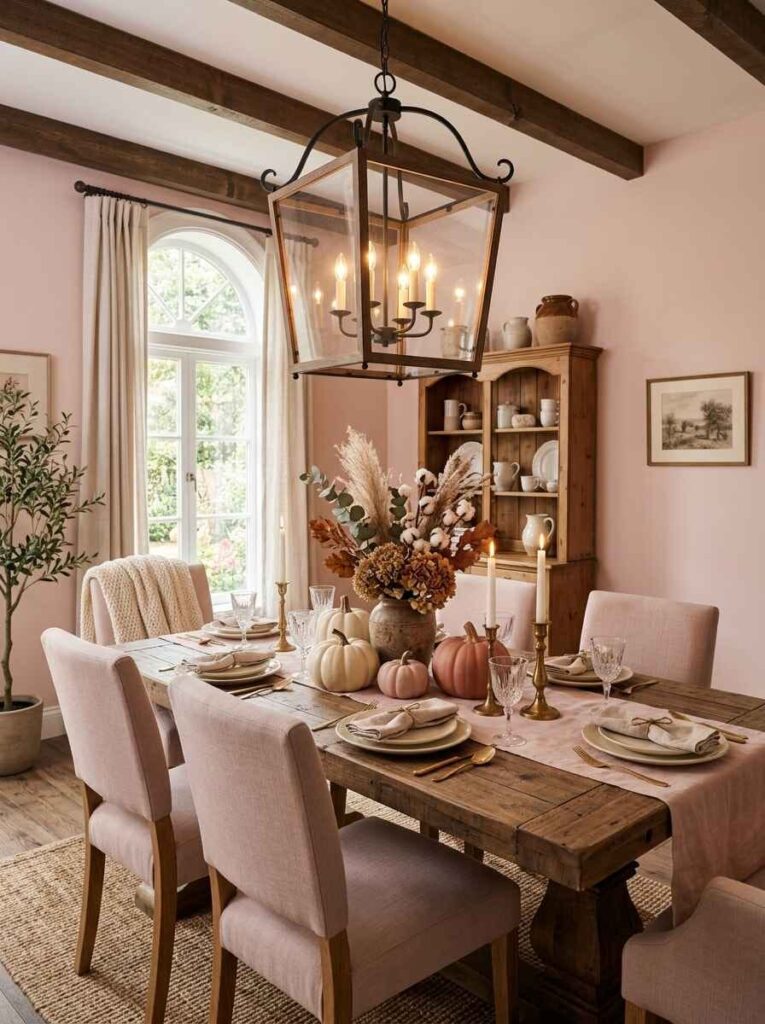 Rustic black metal and glass lantern chandelier hanging over a long farmhouse dining table styled with autumn pumpkins.