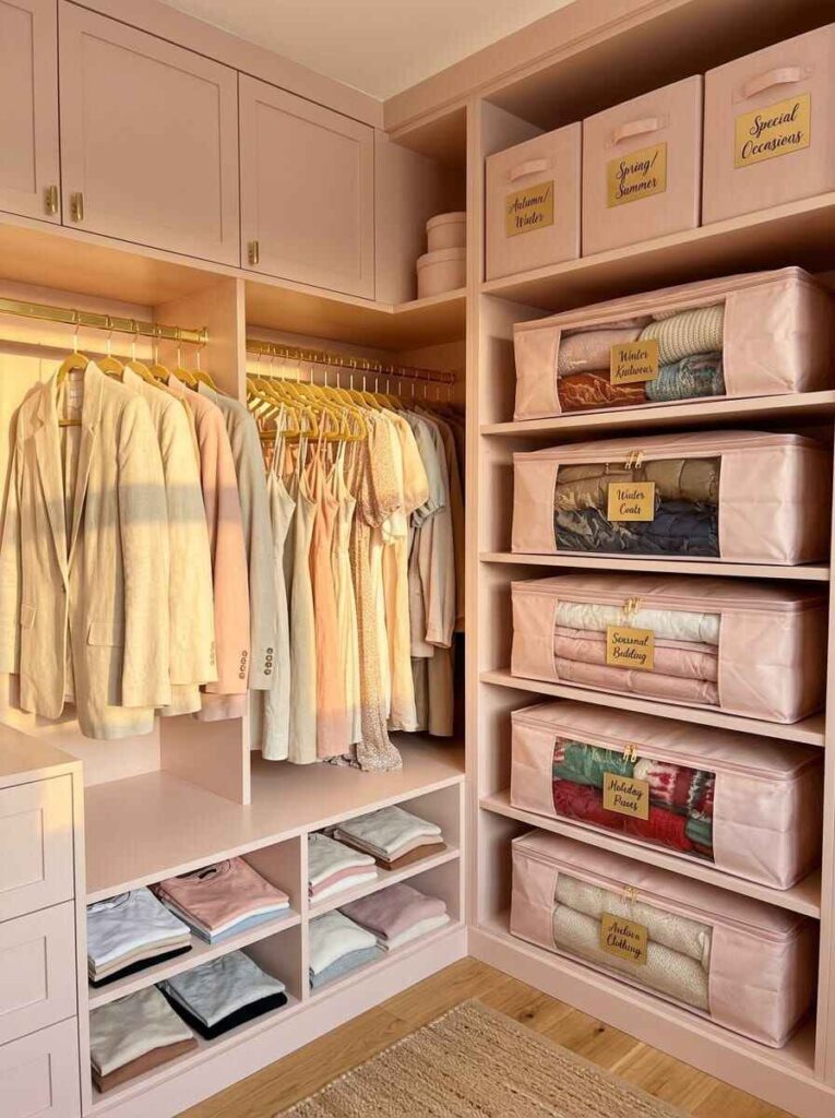 Organized closet side section featuring clear-front fabric storage bins labeled for winter coats and seasonal items.