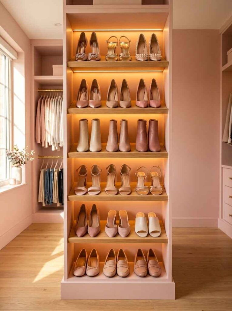 Tall narrow shoe storage rack displaying heels, boots, and flats with integrated LED shelf illumination.
