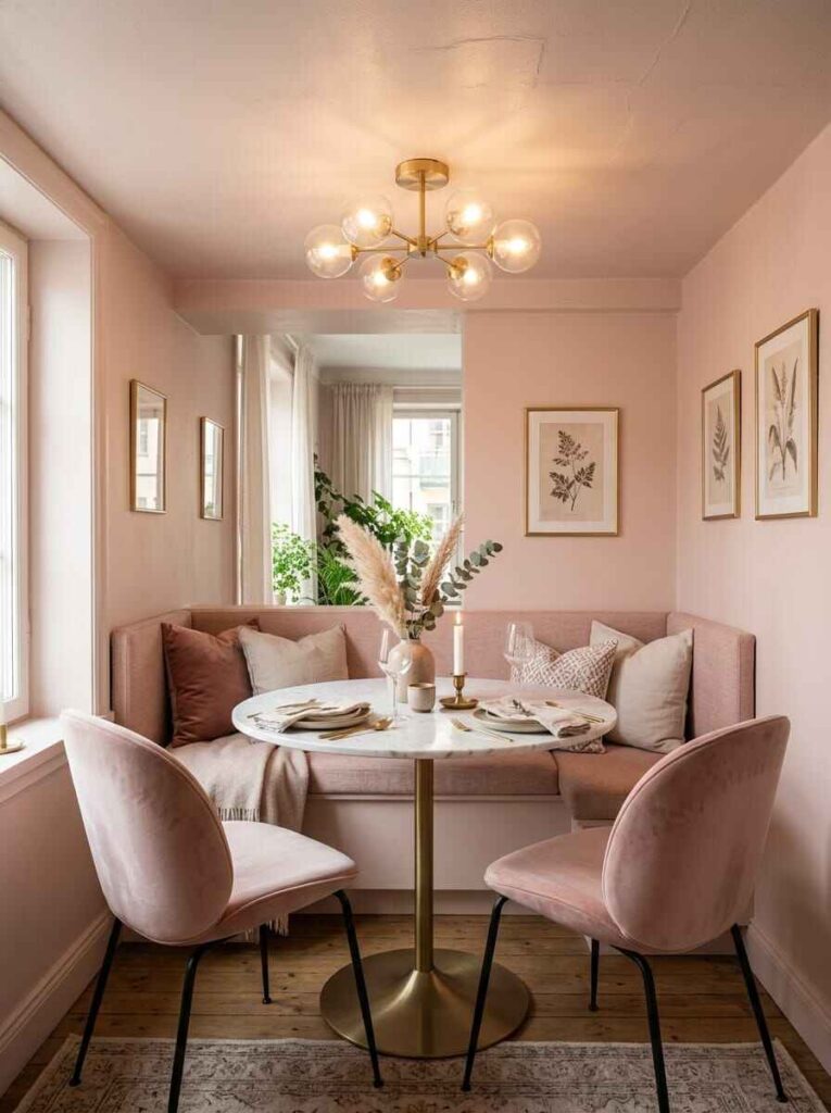 Brass semi-flush mount globe ceiling light fixture in a cozy pink dining nook with round marble table and built-in bench.