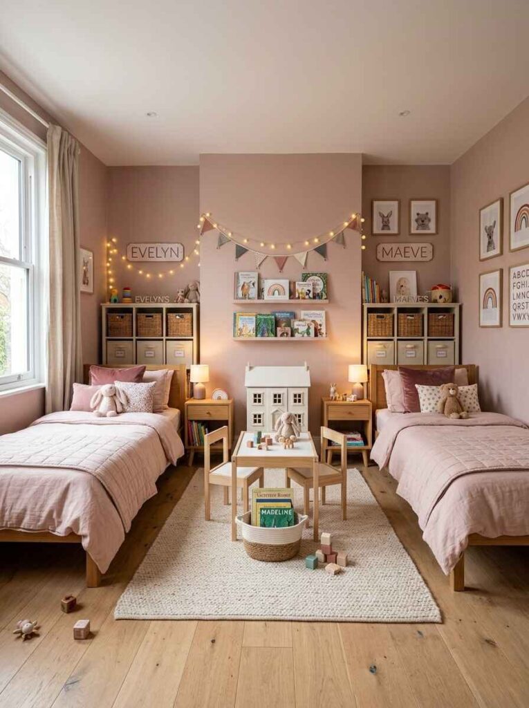 Symmetrical shared girls bedroom with two matching wood twin beds, pink bedding, personalized name signs, and center play table.