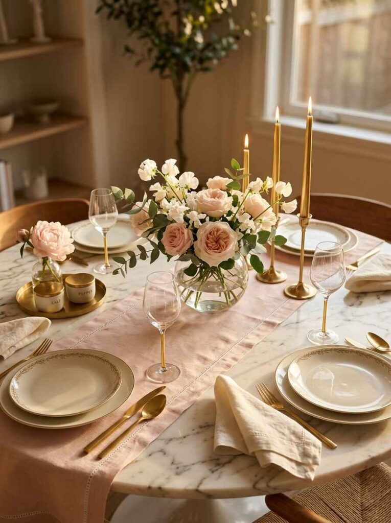 Simple everyday tablescape featuring a linen runner, glass vase with blush roses, and brass taper candles.