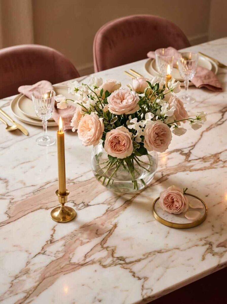 Simple glass bowl vase centerpiece filled with blush roses and gold candles on a marble table.