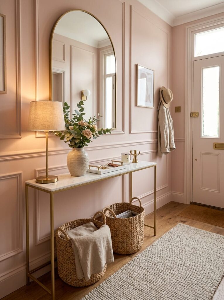 Narrow brass console table styled with a table lamp, ceramic vase, tray, and floor storage baskets.