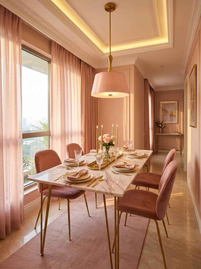 Slim rectangular marble dining table placed along sheer curtains in a narrow pink dining room.