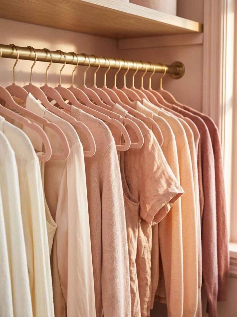 Close-up of slim pink velvet hangers hanging neatly on a brass clothing rod in a small closet.
