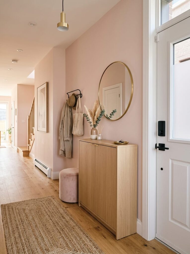 Slim wooden closed shoe cabinet sitting next to an entryway wall with hanging coat rack and round mirror.
