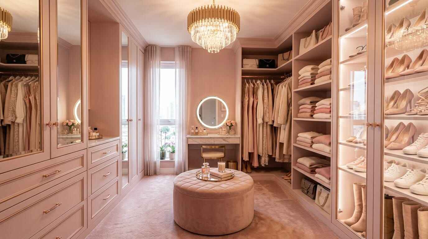 Luxury pink walk-in closet with chandelier, vanity table, island ottoman, and organized glass shoe displays.