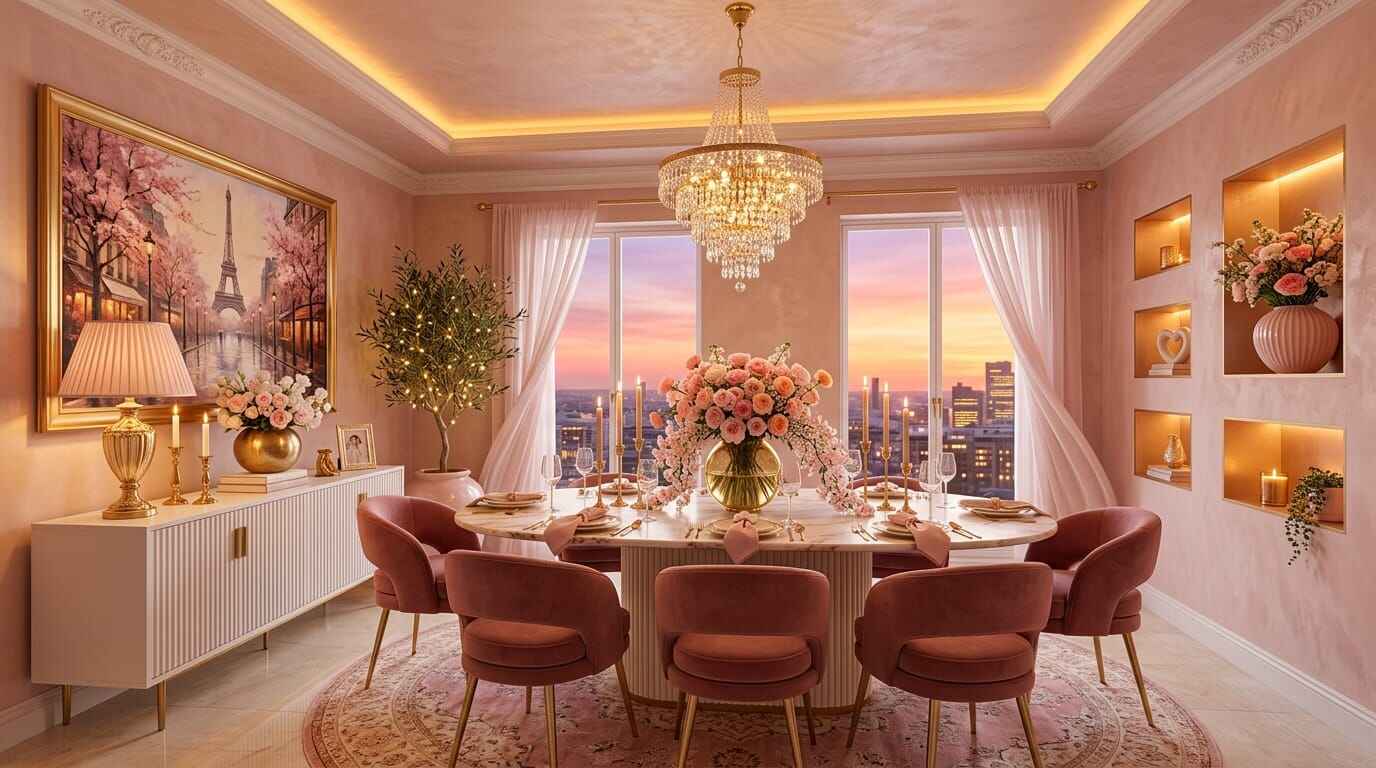 Elegant small dining room featuring a round marble table, velvet chairs, crystal chandelier, and sunset city views.