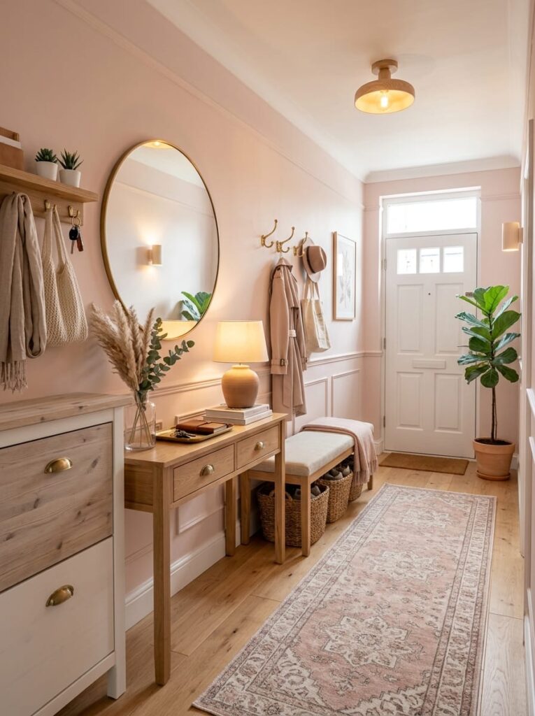 Matching woven storage baskets tucked neatly under a slim console table on a light oak floor.