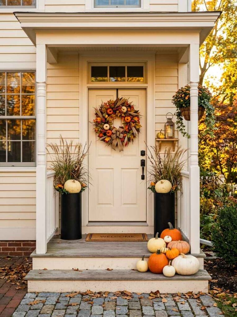 Small front porch decorated with stacked pumpkins on steps, tall black planters with ornamental grass, and a door wreath.