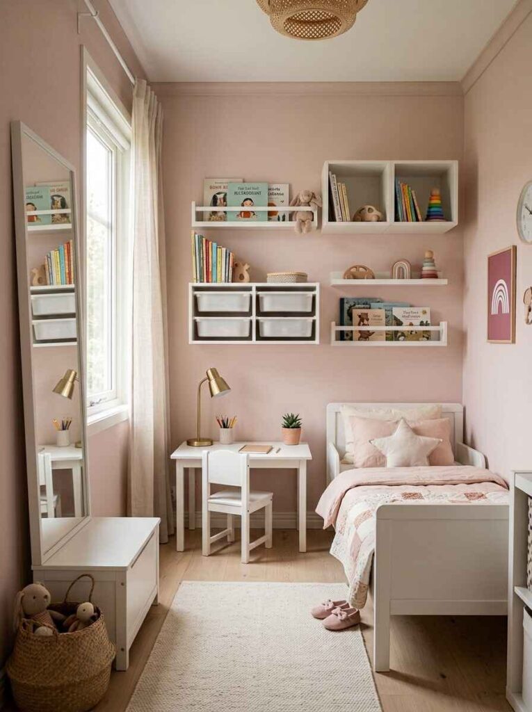 Compact small kids bedroom with white bed, slim study desk, full-length mirror, and wall-mounted storage cubbies.