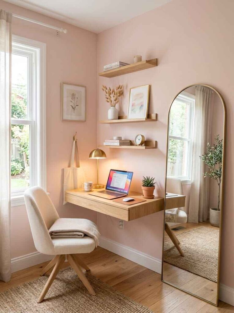 Small apartment home office setup featuring a floating oak desk, gold arched floor mirror, floating shelves, and cream swivel chair.
