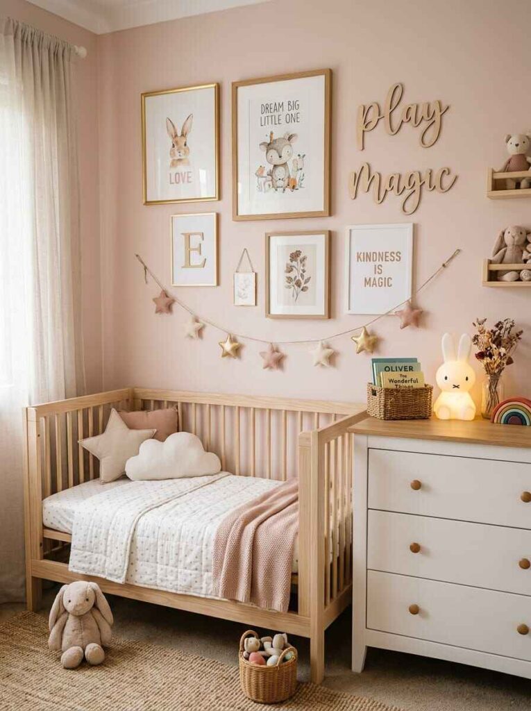 Soft pastel pink nursery and toddler room with natural wood crib, white dresser, star garland, and animal art prints.