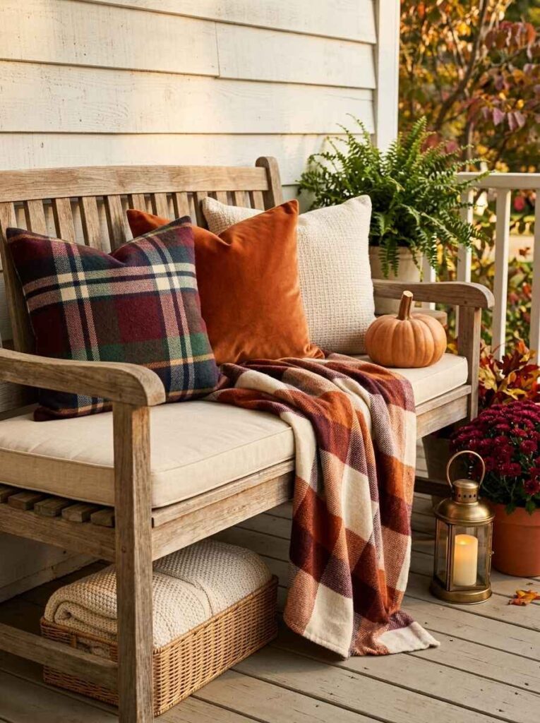 Wooden porch bench styled for fall with plaid and rust velvet pillows, a warm throw blanket, and a brass candle lantern.