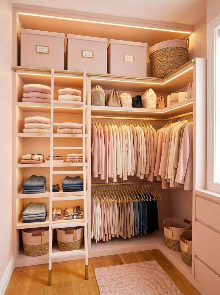 Tall closet system with a rolling ladder reaching upper storage bins and high sweater shelves.