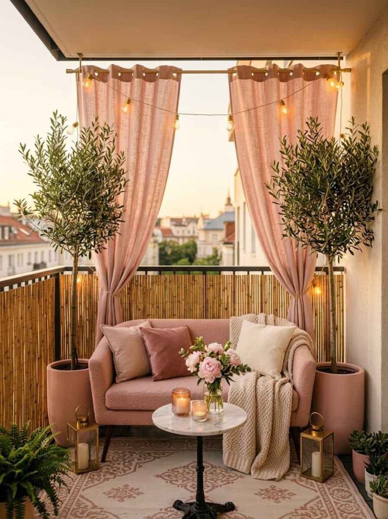 Row of tall beige planters with bamboo, olive trees, and ornamental grasses creating natural privacy along a balcony railing.