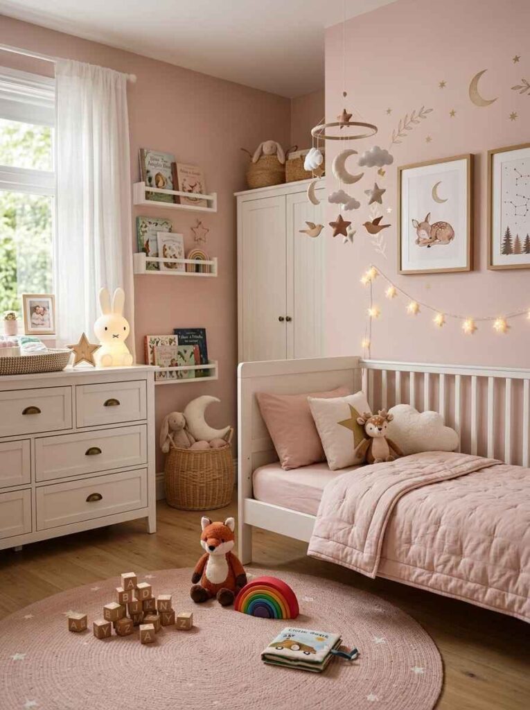 Star and moon celestial themed nursery with white crib, star garland, hanging mobile, and round pink rug.