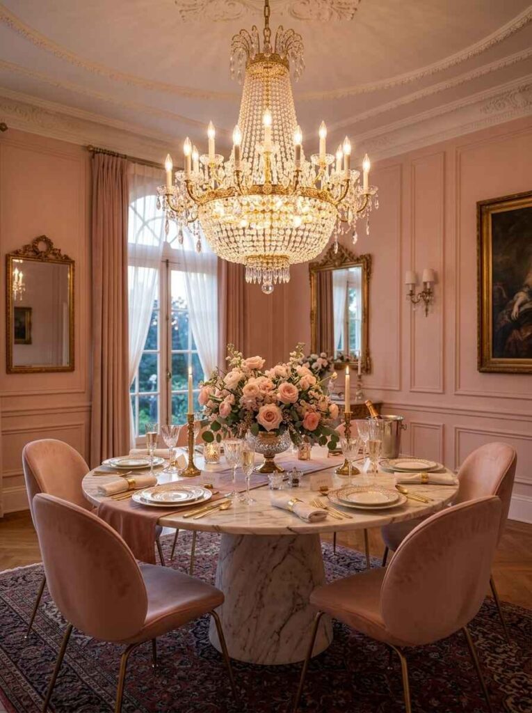 Large traditional crystal empire chandelier hanging above a round marble dining table in a formal blush dining room.