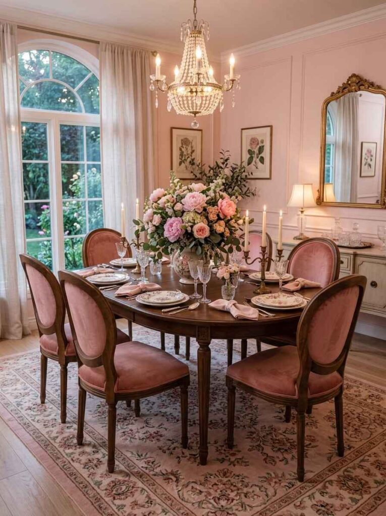 Classic floral patterned area rug beneath an oval dark wood dining table with French upholstered chairs and crystal chandelier.