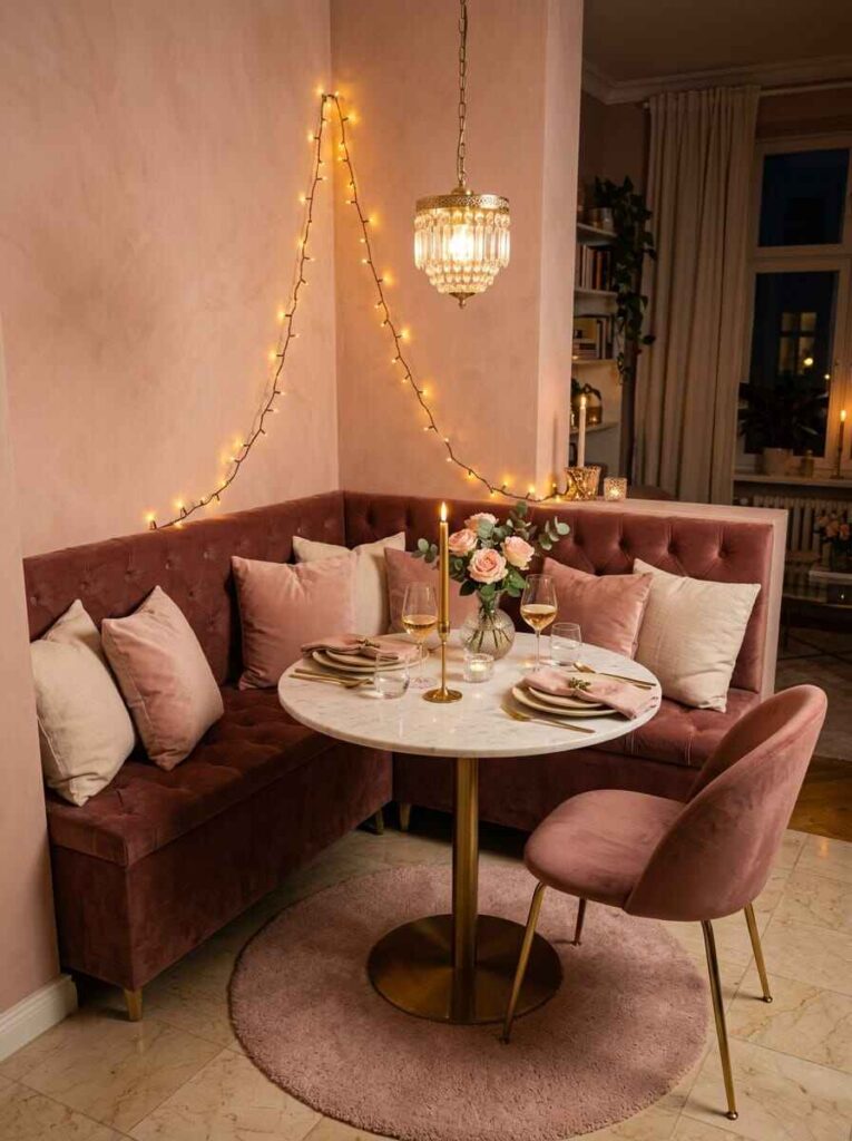Tufted pink velvet corner banquette seating with string lights forming a cozy dining nook.