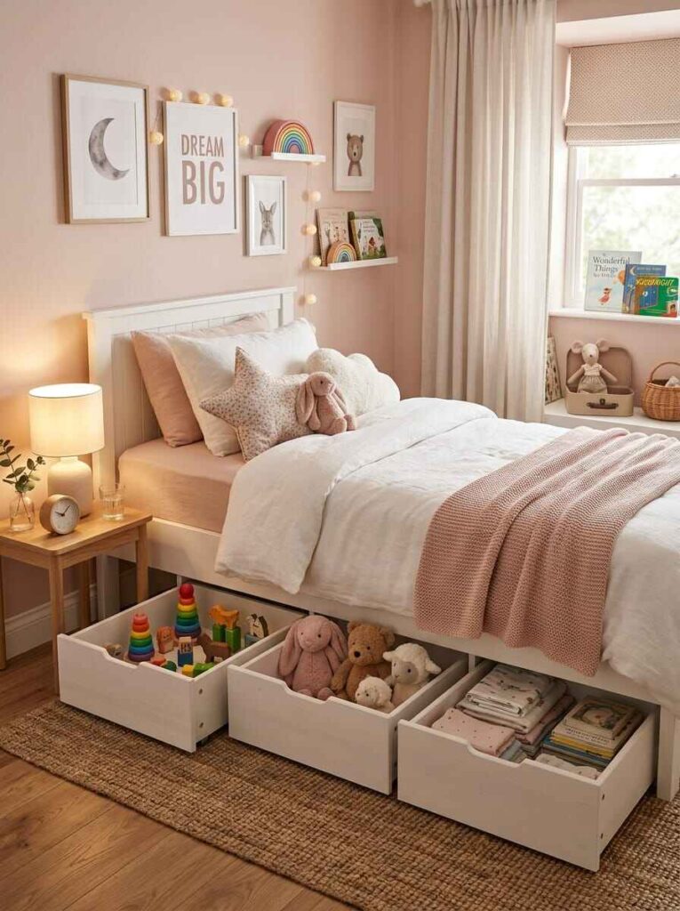 White pull-out under-bed storage drawers holding plush toys and bedding in an organized kids bedroom.