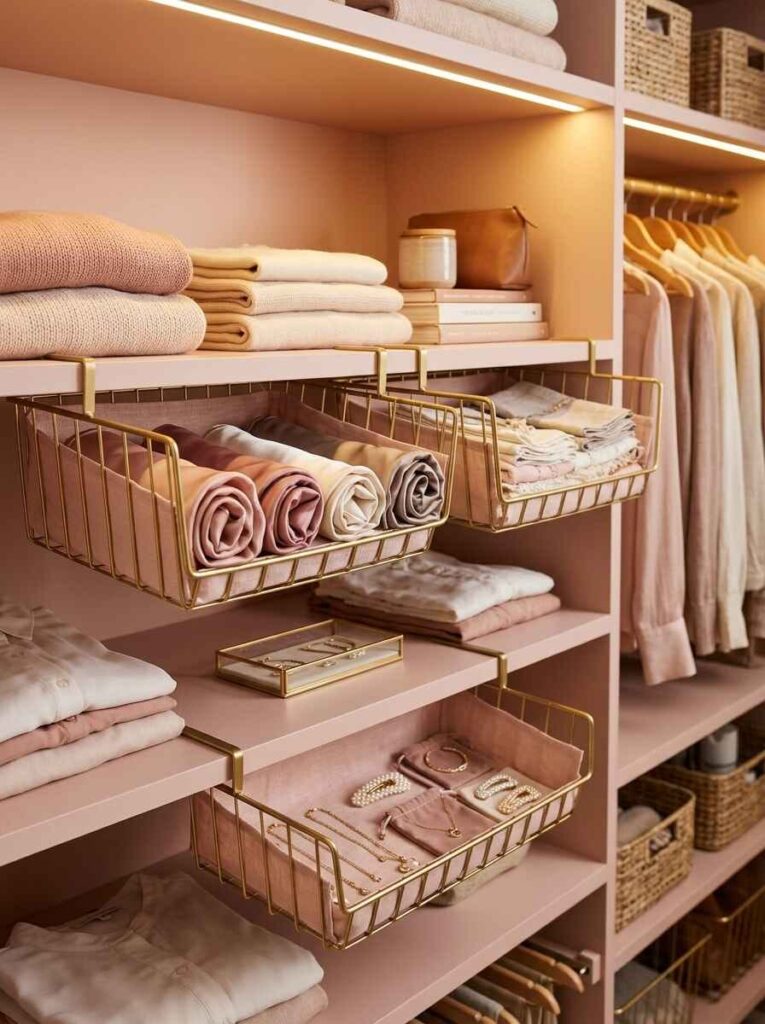 Gold under-shelf hanging wire baskets holding rolled scarves, accessories, and jewelry in a closet.