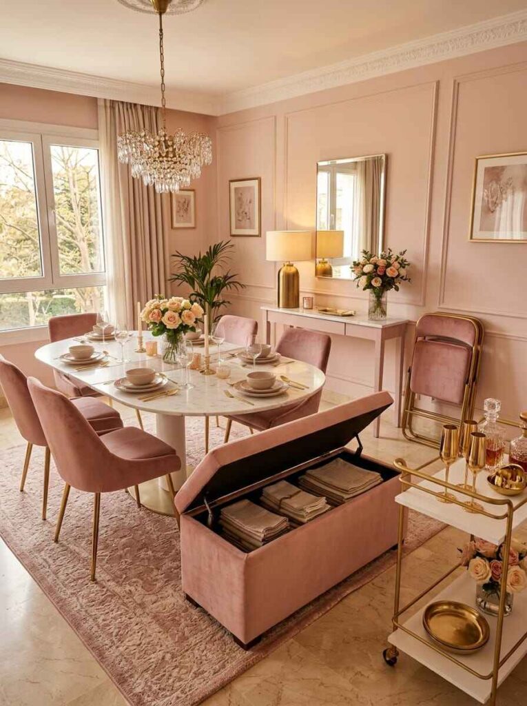 Pink velvet storage bench with an open lid storing folded linen napkins in a dining room.