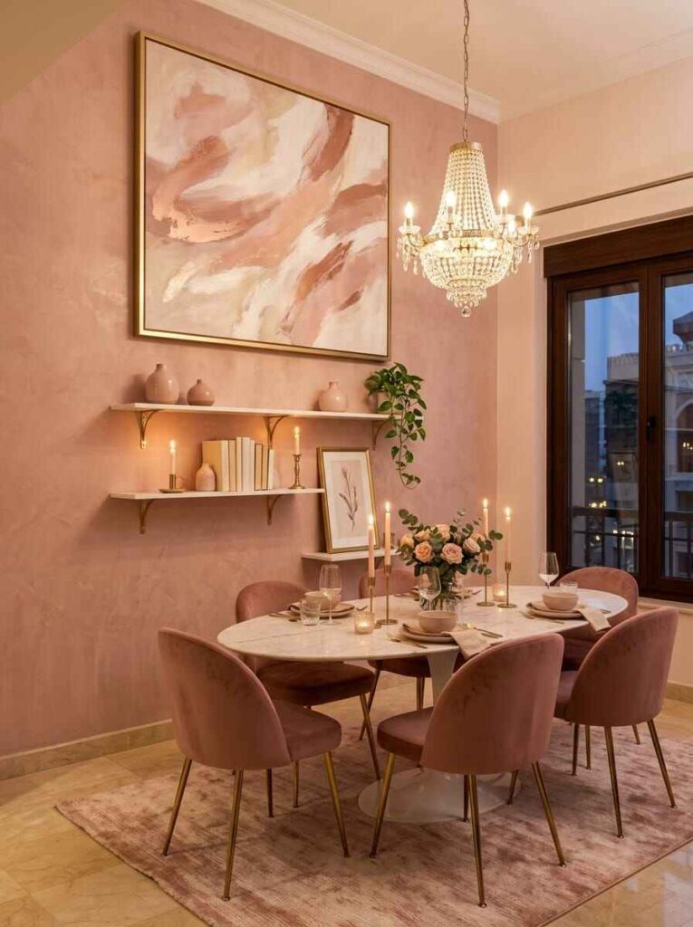 Two white floating wall shelves styled with books, candles, and plants above an oval dining table.