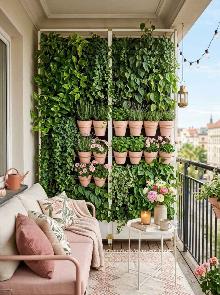 Vertical garden living wall filled with pothos, ivy, and potted pink flowers on an apartment balcony.