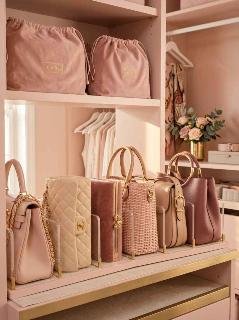 Leather and suede handbags stored vertically on a closet shelf with clear acrylic dividers.