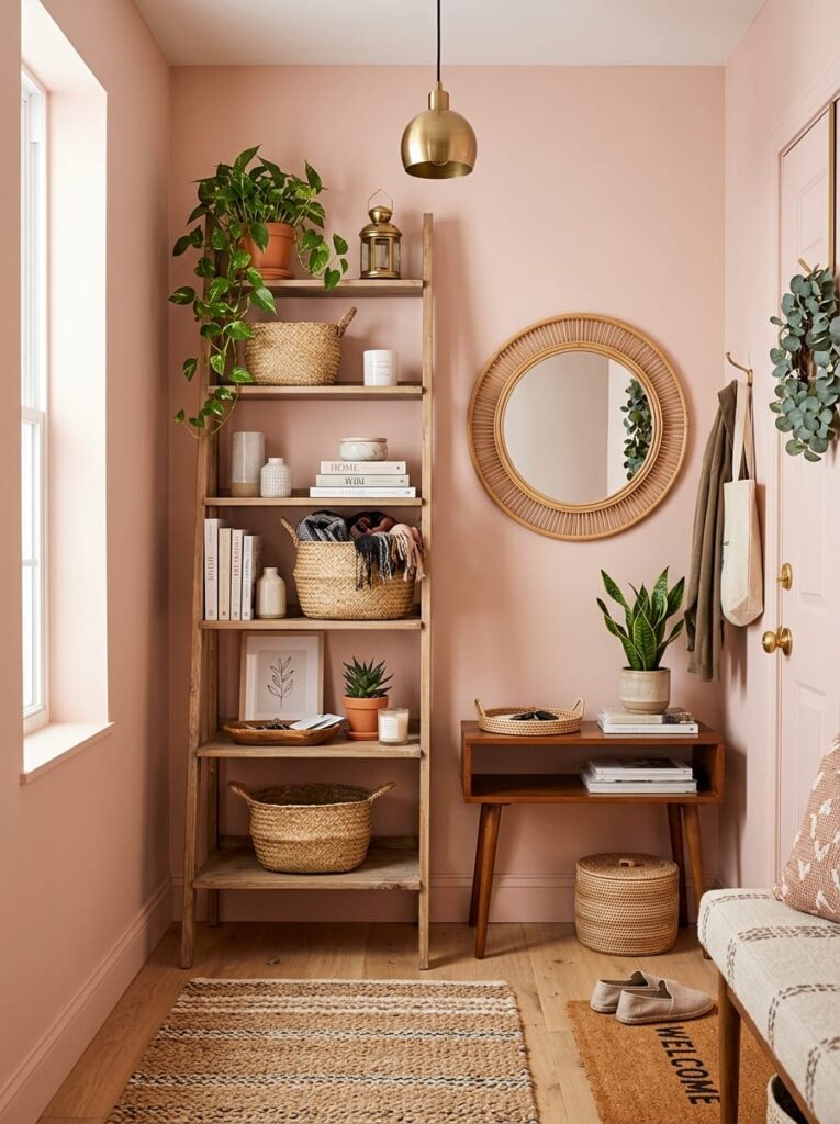 Tall wooden ladder shelf in an entryway corner with woven storage baskets, books, and trailing plant.