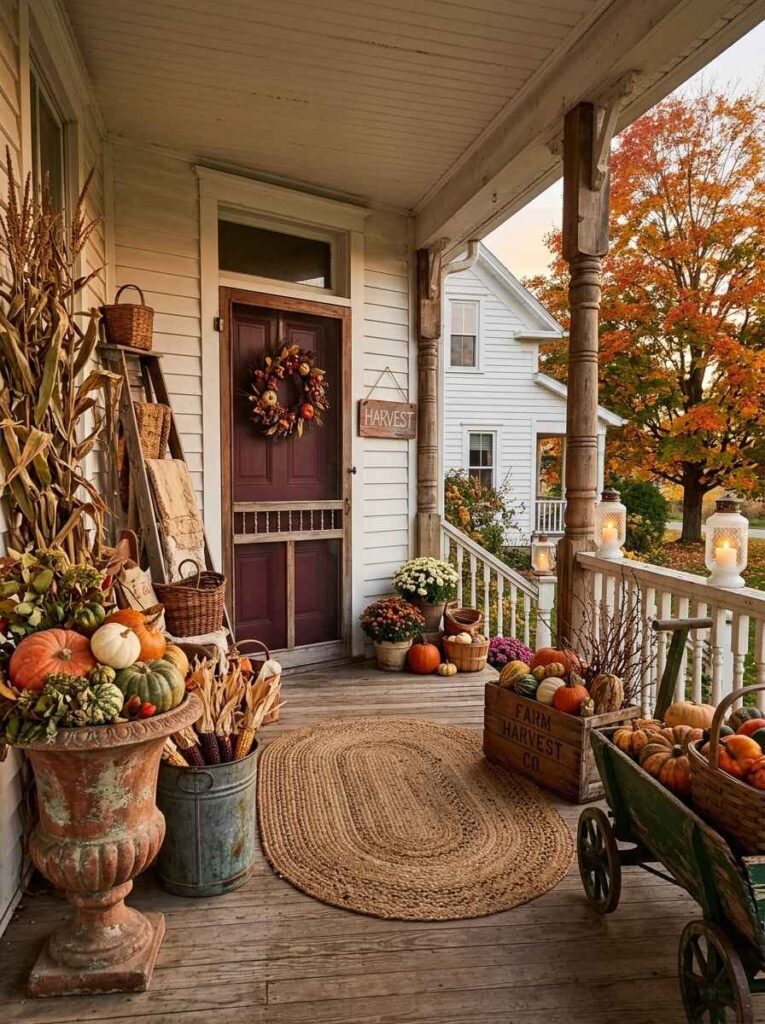Vintage farmhouse porch with an antique urn planter of gourds, wooden harvest crates, a rustic cart, corn stalks, and a screen door.