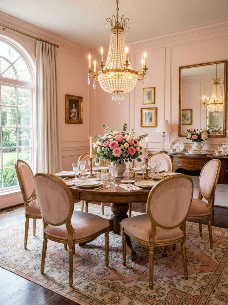 Vintage faded pink and cream area rug under a round wood dining table with French country chairs and crystal chandelier.