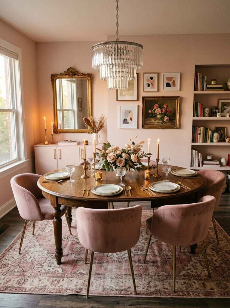 Round vintage dark wood dining table paired with modern velvet pink chairs and a crystal tier chandelier.