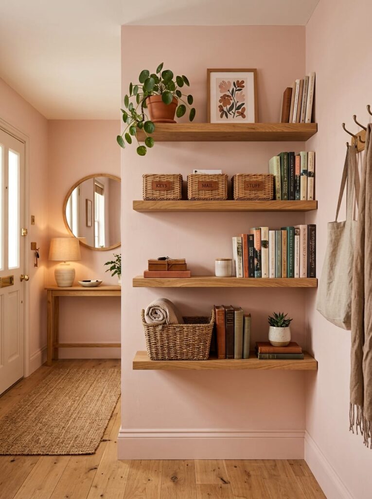 Wooden floating shelves with labeled storage baskets, books, and potted plant on a blush pink wall.