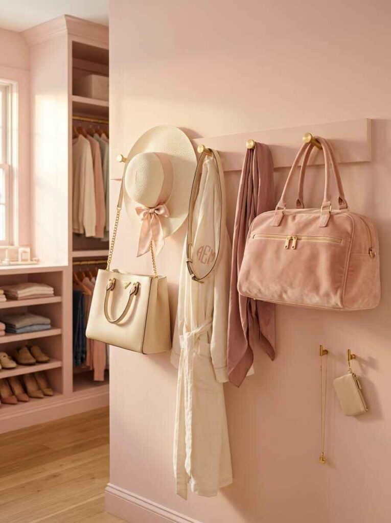 Pink closet wall fitted with gold peg hooks holding tote bags, sun hats, and bathrobes.