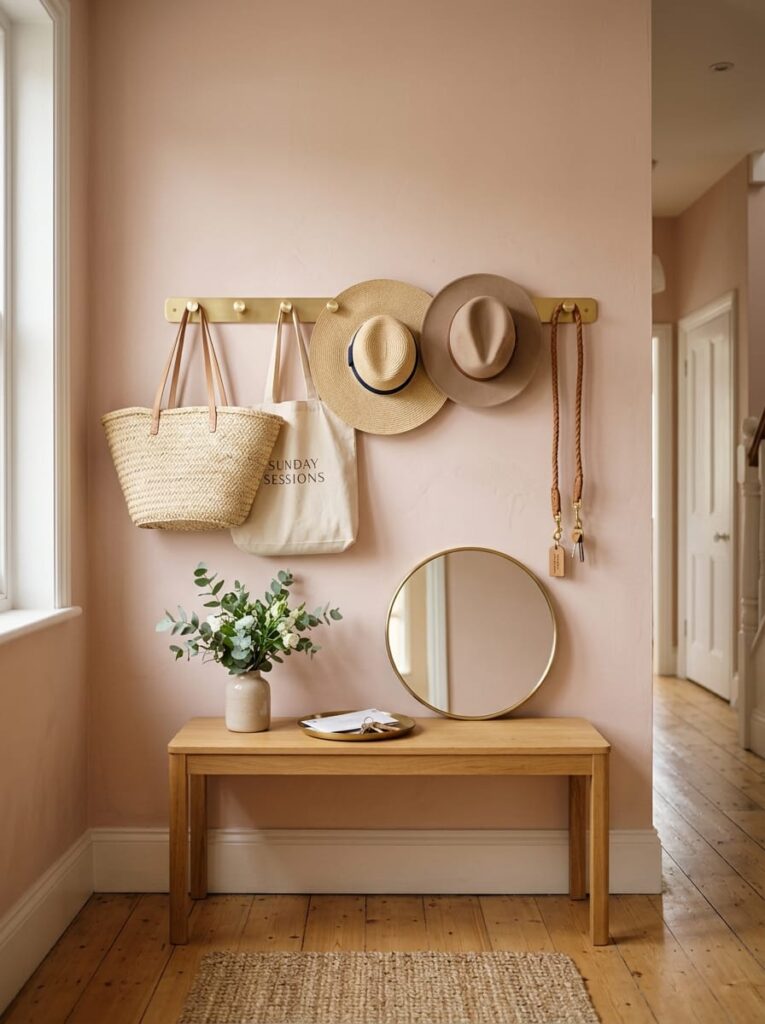 Brass peg rail holding tote bags and sun hats above a small wooden bench with a round mirror.