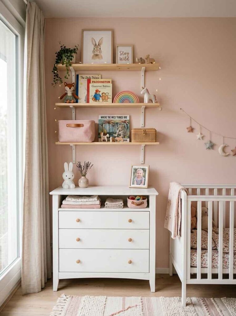 Three light wood wall shelves holding books and toys above a white changing dresser and baby crib.
