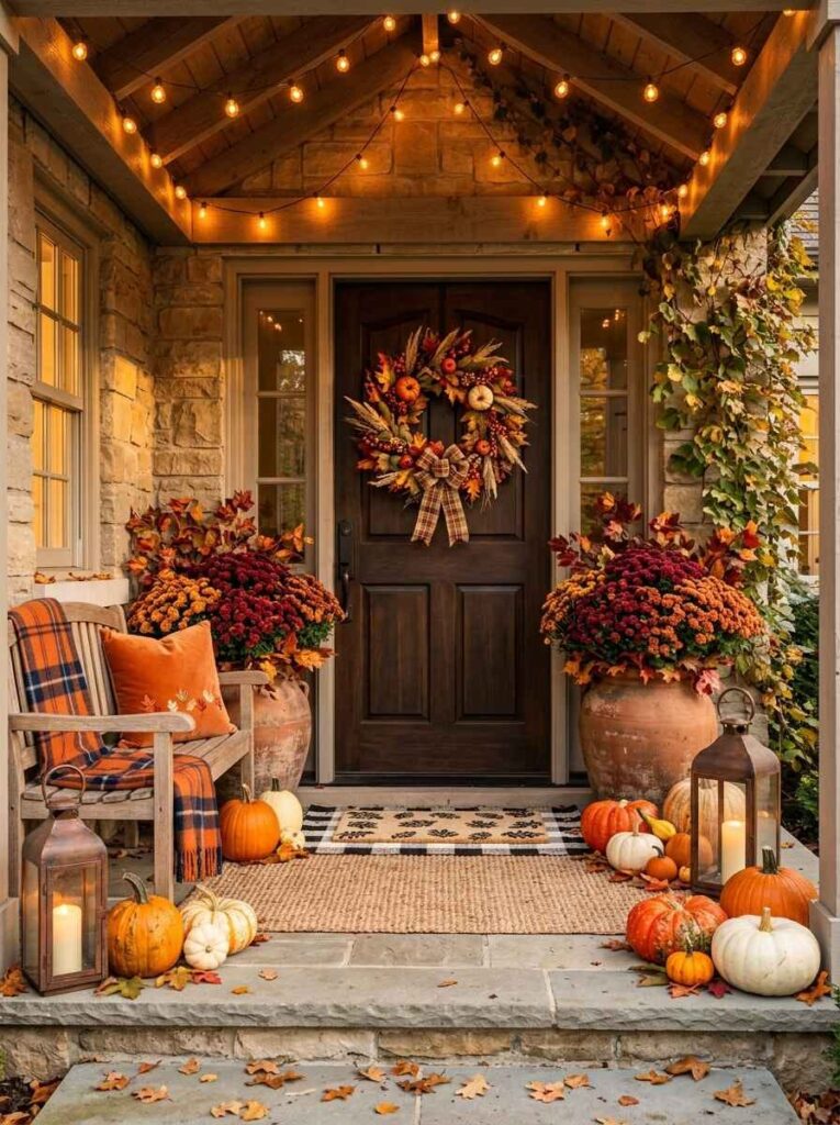 Stone front porch entryway glowing with warm string lights, rustic lanterns, large mum planters, and a wooden bench with a plaid throw.