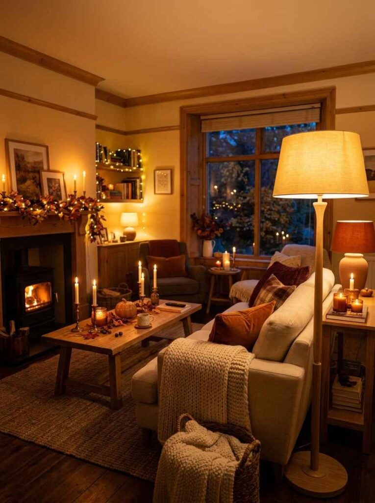 Living room in the evening illuminated by a warm floor lamp, glowing fireplace, mantle fairy lights, and coffee table candles.