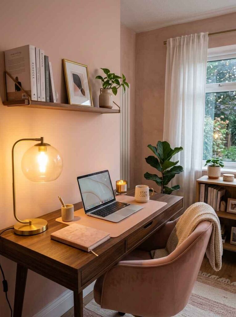 Warm brass and glass globe table lamp casting soft light on a walnut desk with pink velvet chair and floating shelf.