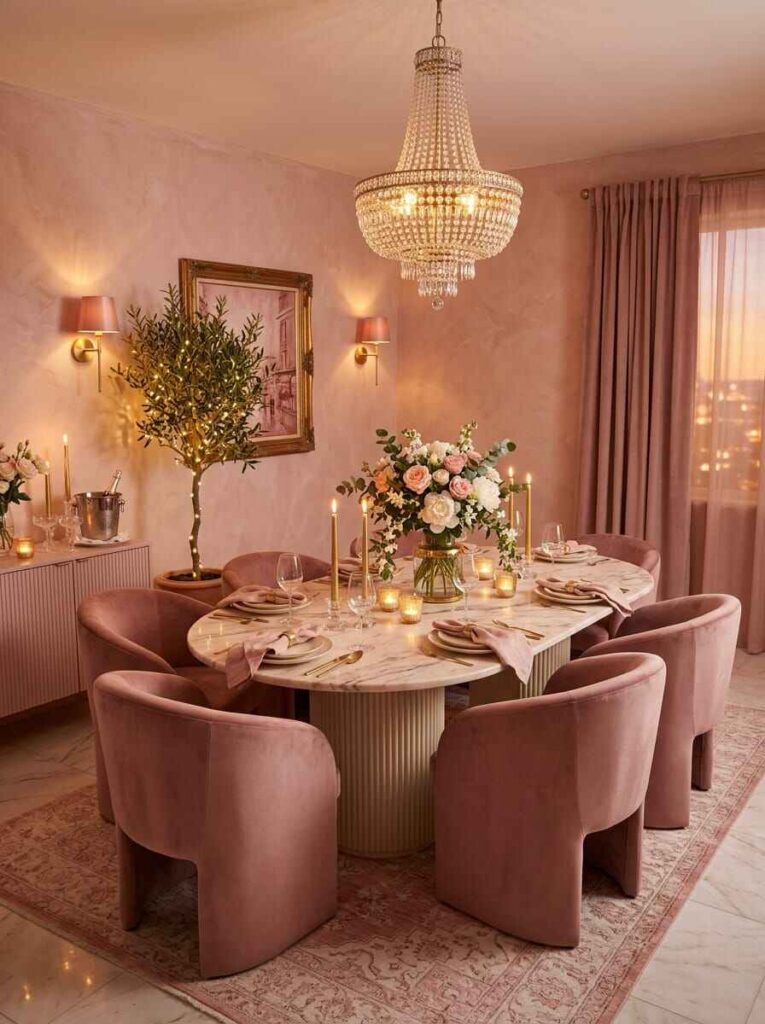 Dining room layered with warm lighting from a crystal chandelier, brass wall sconces, and glowing table candles.