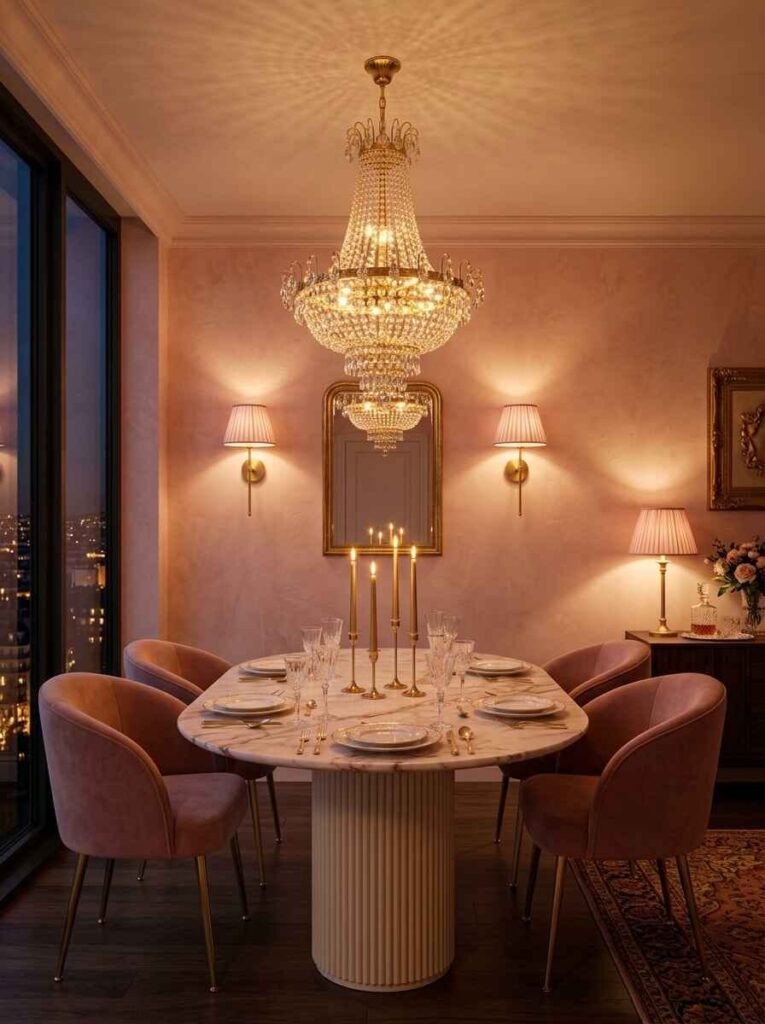 Oval marble dining table illuminated by a crystal chandelier, brass wall sconces, and glowing table candles.
