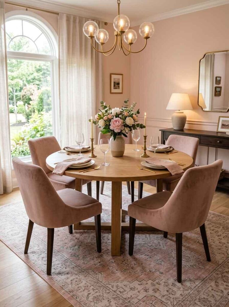 Washable low-pile printed area rug under a round wood dining table with modern curved chairs in a bright dining room.