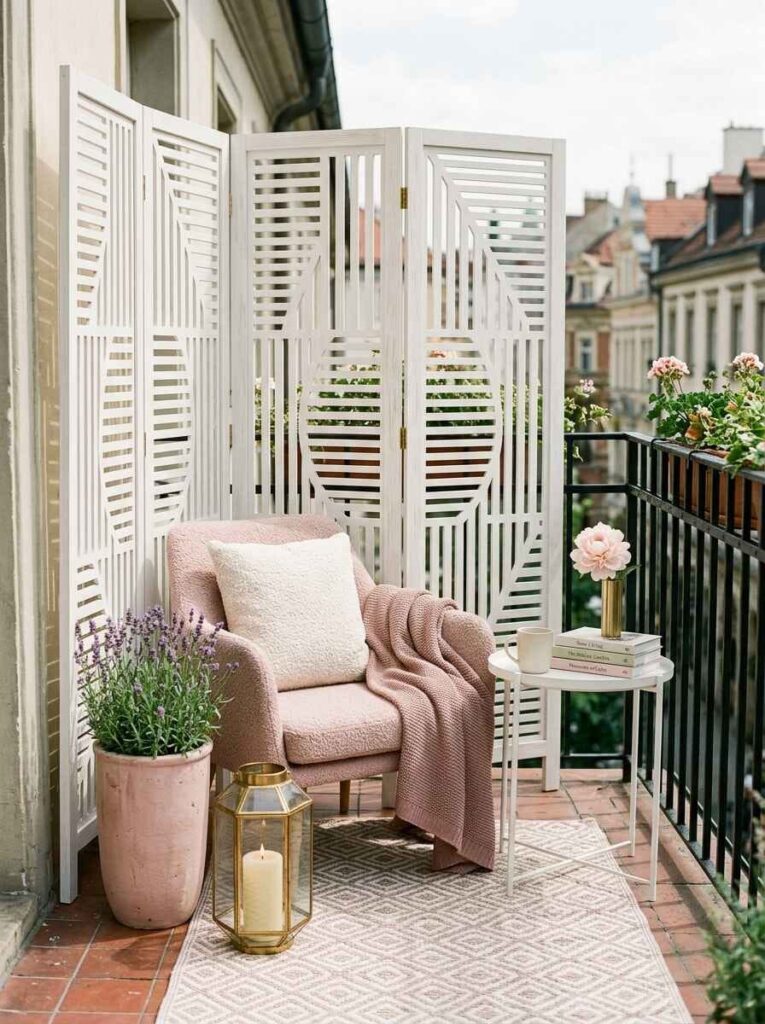 White slatted wooden folding privacy screen placed behind a pink cozy armchair on a small apartment balcony.